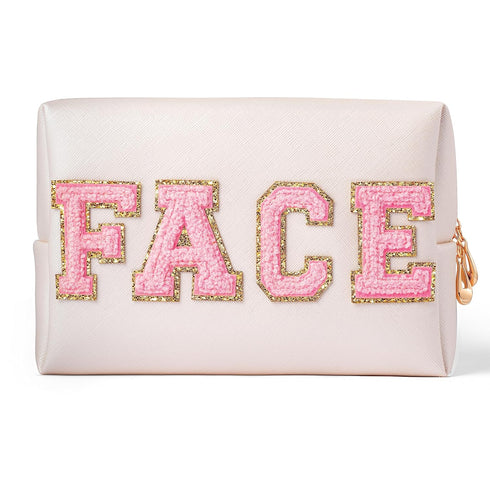 Y1tvei Preppy Patch FACE Letter Cosmetic Toiletry Bag, PU Leather Portable Makeup Bag for Women Girls Teen (Shell Gold)
