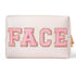 Y1tvei Preppy Patch FACE Letter Cosmetic Toiletry Bag, PU Leather Portable Makeup Bag for Women Girls Teen (Shell Gold)