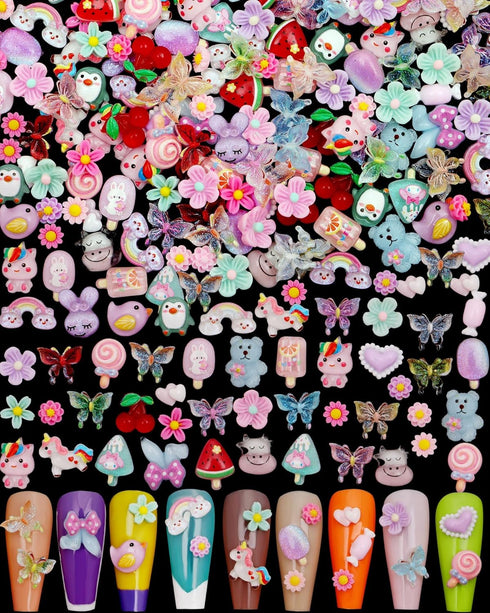 Pack of 200pcs Cute & Sweet 3D Nail Charms for Acrylic Nails, Flower Bee Bear Butterfly Decorations & DIY Accessories