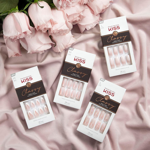 KISS Classy Press On Nails, Nail Glue Included, 'Be-you-tiful', Beige, Long Size, Coffin Shape, 28 Nails