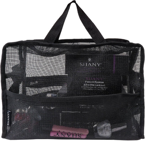 SHANY Collapsible Makeup Tools Travel Mesh Bag – Large See-Thru Tote with Zippered Pockets, Black