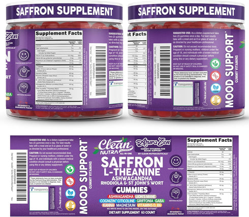 Gummies Gummy AuraZen Mood Support Saffron L-Theanine Ashwagandha Rhodiola St John's Wort Lions Mane GABA Vitamin D