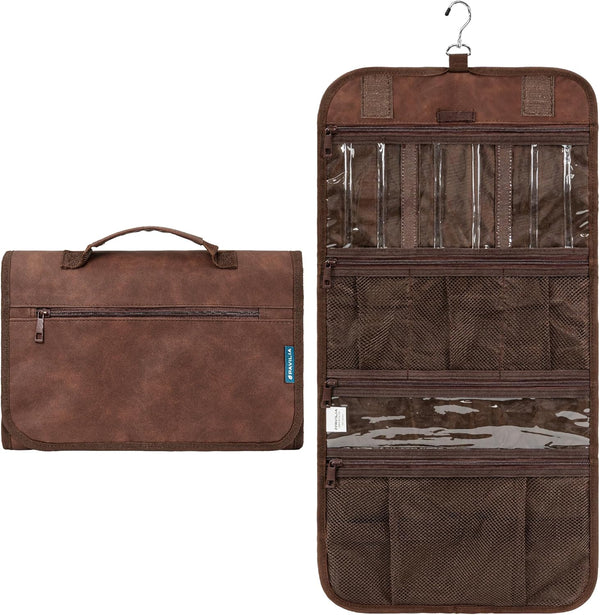 PAVILIA Hanging Toiletry Bag - Travel Kit Organizer for Men Women, Waterproof Dopp Case, Brown