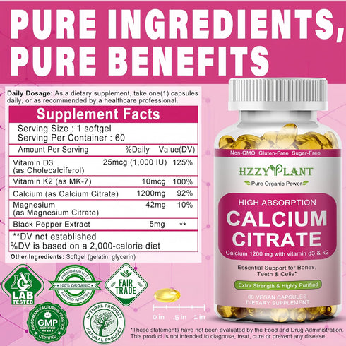 HZZYPLANT 1200 D3 2 Calcium Supplements for Women Softgels, High Absorption Calcium Citrate Supplement Essential