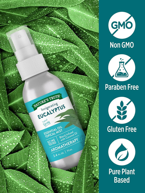 Nature's Truth Eucalyptus Mist Spray, 2.4 fl oz, 100% Pure Essential Oil for Aromatherapy, GC/MS Tested