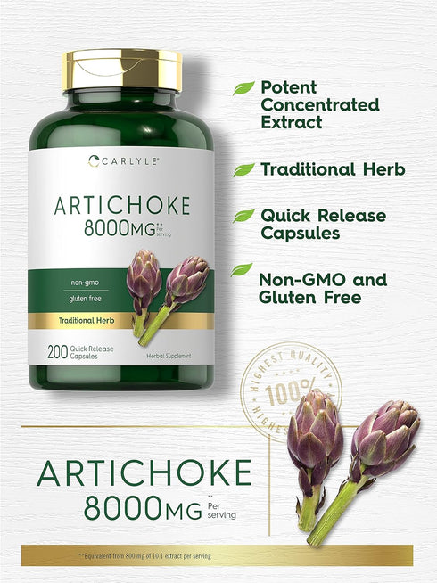 Carlyle Artichoke Extract Capsules 8000mg - 200 Count, Non-GMO, Gluten Free Supplement