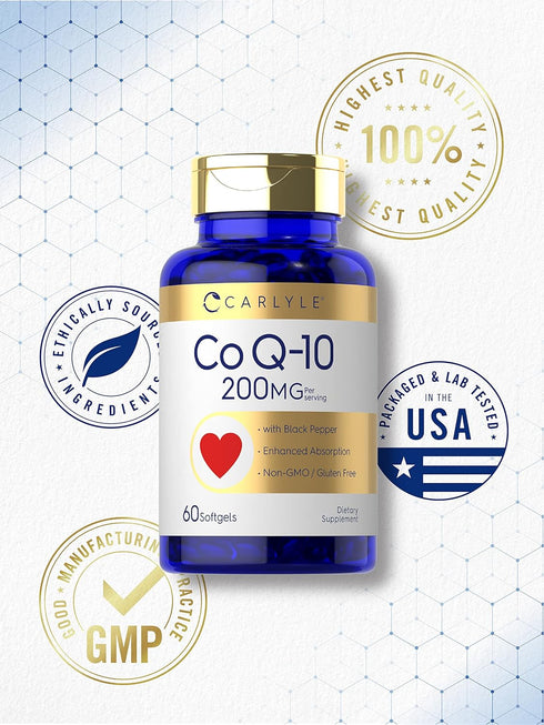 Carlyle CoQ10 200mg Softgels, 60 Count, Enhanced Absorption, Non-GMO, Gluten Free