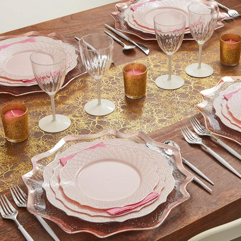 SILVER SPOONS Fancy Disposable Dessert Plates (10 PC) Heavy Duty Plastic Plates, Rose Gold Party Supplies for Baby Showers, celebrations & Events, Pink Plates with Silver Embossed Rim - 7.5" by Silver Spoons