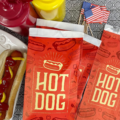 Printed Foil Hot Dog Bags, 50 Pack, Silver Red by Outside the Box Papers