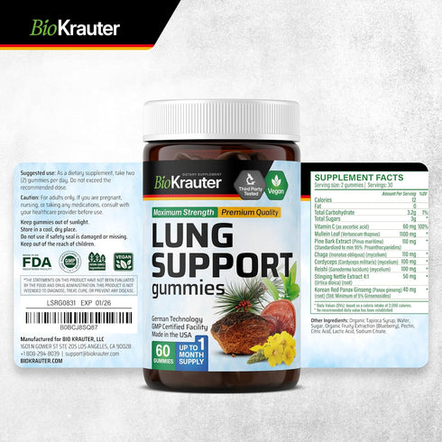 BIO KRAUTER Lung Detox Gummies - 60 Vegan Chews, Lung Cleanse Supplement with Vitamin C & Mullein Leaf Blend for