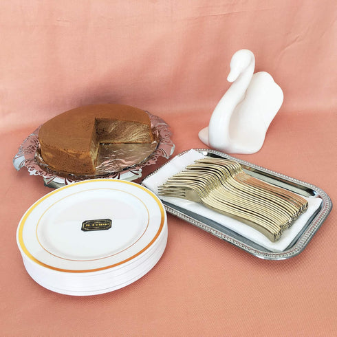 125 Piece Gold Plastic Plates & Cutlery Set - Reusable & Recyclable - 25 Each Gold Rim Plates & Silverware for Parties,