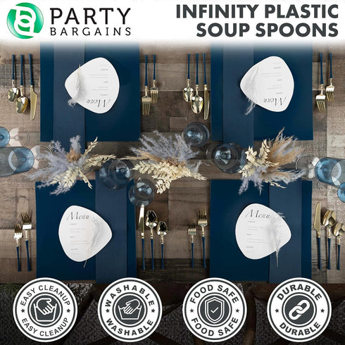 Party Bargains 40 Pack Disposable Plastic Navy Gold Soup Spoons, Infinity Modern Design Utensils