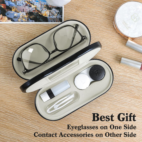 2 in 1 Contact Lens Case and Glasses Case, Double Sided Design with Mirror & Tweezer, Portable Kit