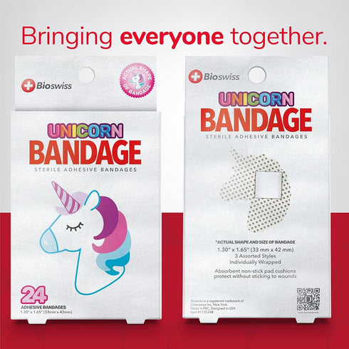 BioSwiss 24 Count Unicorn Shaped Self Adhesive Bandages - Fun First Aid Kit for Kids