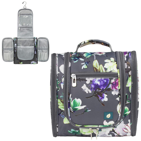 PAVILIA Travel Toiletry Bag for Women Men - Hanging Cosmetic Organizer, Large Water Resistant Makeup Bag (Floral Grey)