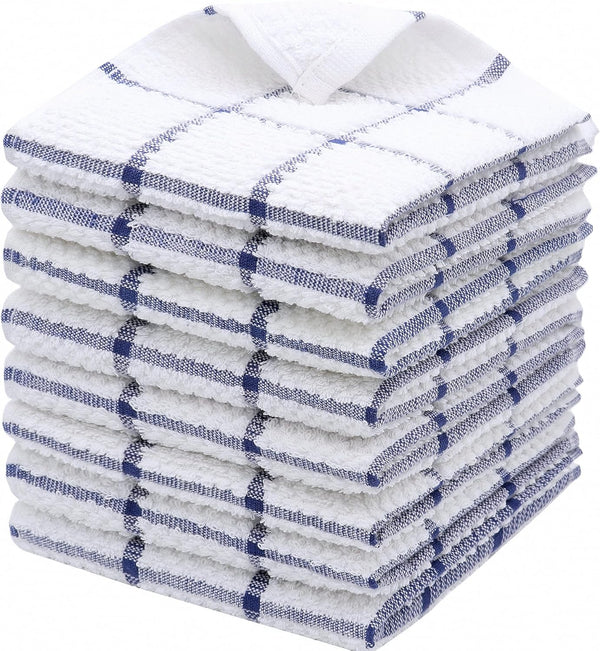 Cotton Dish Towels for Kitchen, Set of 8, Light and Soft Cleaning Rags, 12 Inch x 12 Inch (Blue Plaid)