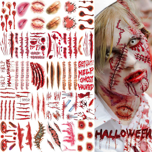 VANTATY 215+ PCS 30 Sheets 3D Fake Scars Tattoo Temporary Halloween Makeup Kit, Fake Stitches Tattoos Cut Scary Face Wound Blood Chucky Scars Tatoos For Kids Women Men Boys Girls Zombie Sticker