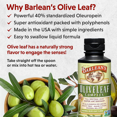 Barlean's Olive Leaf Complex Liquid with 95mg Oleuropein Antioxidants for Immune Support, 8 Ounce