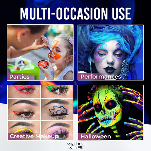 Water Activated UV Black Light Face and Body Paint, 6 Color Pack for Costume, Halloween, Club Makeup