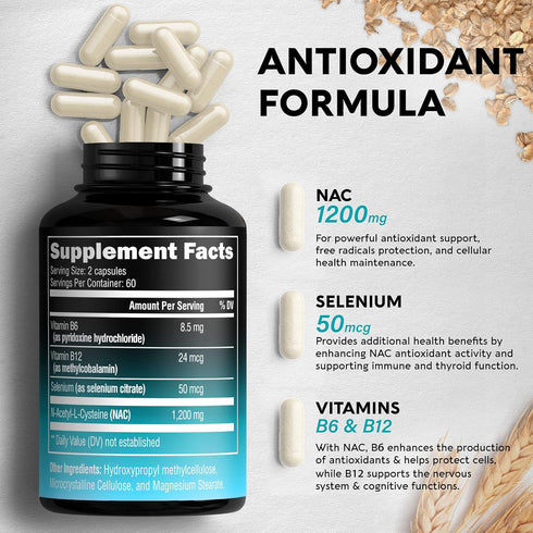 NAC Supplement | Selenium | B6 | B12 - Antioxidant, Immune Support - N Acetyl Cysteine 600 mg per Capsule, 1200 mg per Serving - Made in USA - Non-GMO, Gluten-Free, Vegan - 2 Month Supply