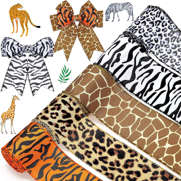 5 Rolls Jungle Animal Wired Ribbons 2.5 Inch for Safari Party Decorations, Burlap Wrapping, DIY Craft