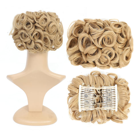 SWACC Short Messy Curly Hair Bun Extension, Honey Golden Blonde-18#, Easy Stretch Combs Clip-in Ponytail