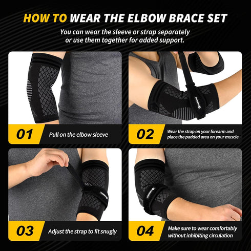 CAMBIVO Elbow Brace Set - 2Pcs Elbow Sleeves & 1Pcs Tennis Elbow Brace for Pain Relief, Adjustable Strap for Men and
