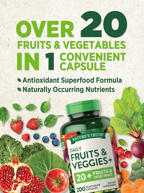 Nature's Truth Fruit and Veggies Supplement | 200 Vegetarian Capsules | 20+ Fruits & Vegetables | Non-GMO, Gluten Free,
