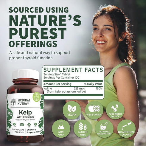 Natural Nutra Kelp Iodine Supplement, 225 mcg, 100 Tablets, Vegan Sea Kelp for Brain Health & Immune Support