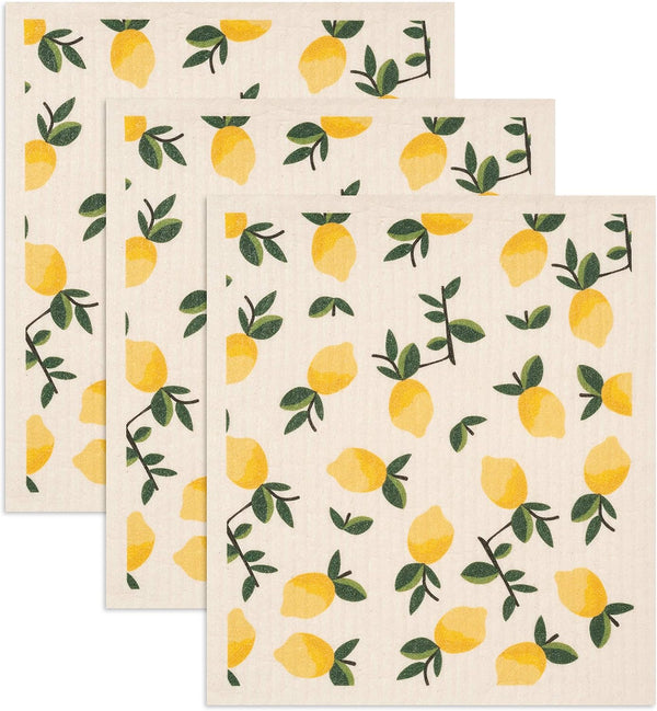 3 Pack Swedish Dishcloths Yellow Lemons Print, Reusable Kitchen Cleaning Cloths, Machine Washable, 7.87”x6.88”