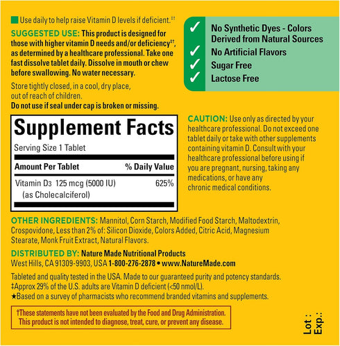 Nature Made Extra Strength Vitamin D3 5000 IU - 70 Sugar Free Fast Dissolve Tablets for Immune Health