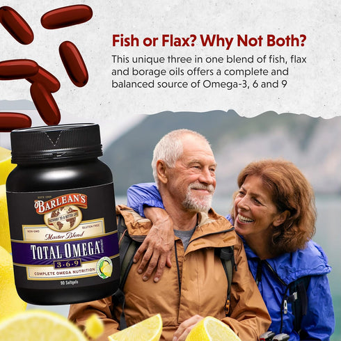 Barlean's Total Omega 3 6 9 Fish Oil Supplement Softgels Blended with Borage and Flaxseed Oil - 1,000 mg Omegas ALA,