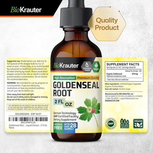 Goldenseal Root Supplement Drops, 2 Fl.Oz., Organic Goldenseal Tincture, Vegan, Alcohol & Sugar Free Liquid Extract