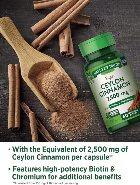 Ceylon Cinnamon Capsules | 2500mg | 60 Count | Vegetarian, Non-GMO, Gluten Free Supplement with Chromium and Biotin