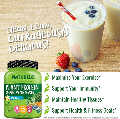NATURELO Plant Protein Powder, Vanilla, 22g Protein - Non-GMO, Vegan, Gluten, Dairy & Soy Free - 20 Servings