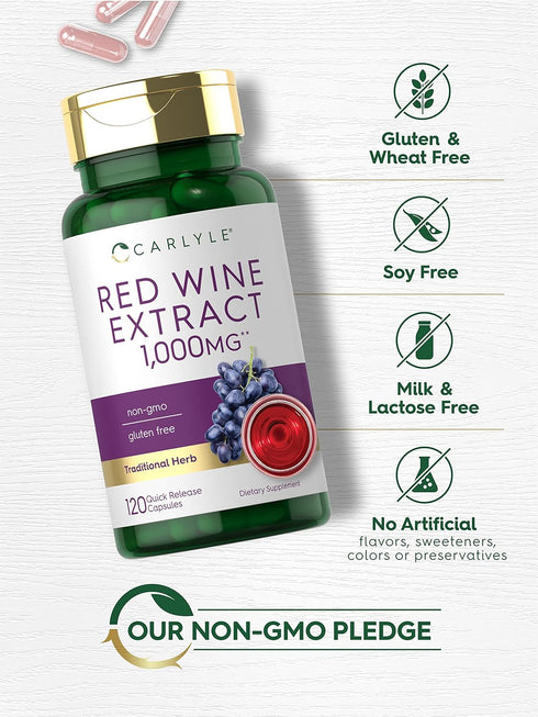 Carlyle Red Wine Extract Capsules | 1000mg | 120 Count | Non-GMO, Gluten Free Supplement