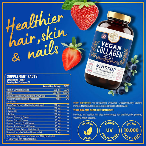 Plant-Based Collagen Booster - Vegan Supplements for Skin, Hair, Nails, 2-Pack, 60 Non-GMO Pills