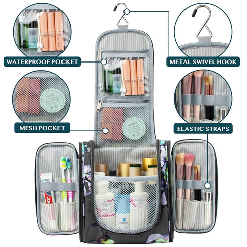 PAVILIA Travel Toiletry Bag for Women Men - Hanging Cosmetic Organizer, Large Water Resistant Makeup Bag (Floral Grey)