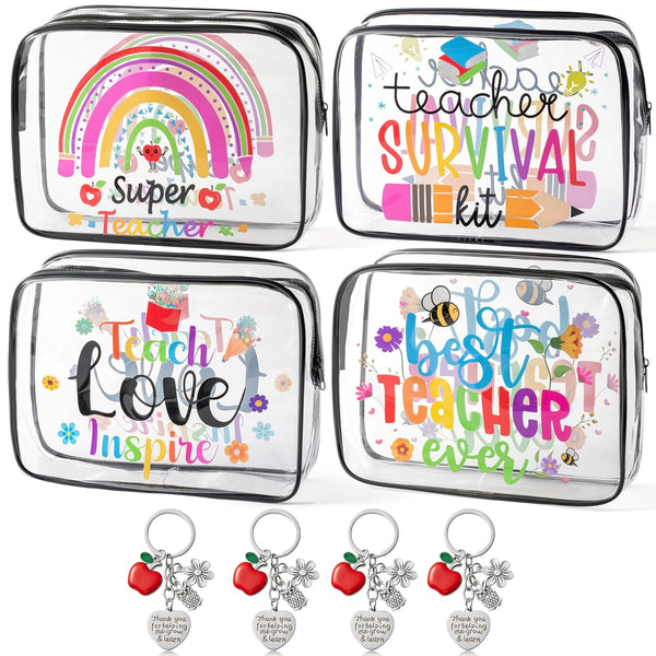Y1tvei Teacher Appreciation Makeup Bag - 8Pcs Best Teacher Ever Cosmetic Bag with Apple Keychain, Graduation Gift