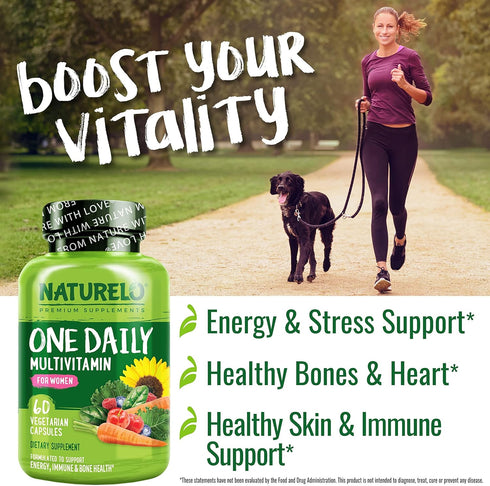 NATURELO One Daily Multivitamin for Women - Energy Support, Whole Food Supplement for Hair, Skin, Nails (60 Capsules,