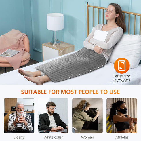 Snailax Heating Pad & Foot Warmer, 17”x33”, Washable Fast Heated Pads for Back Pain Relief, Grey