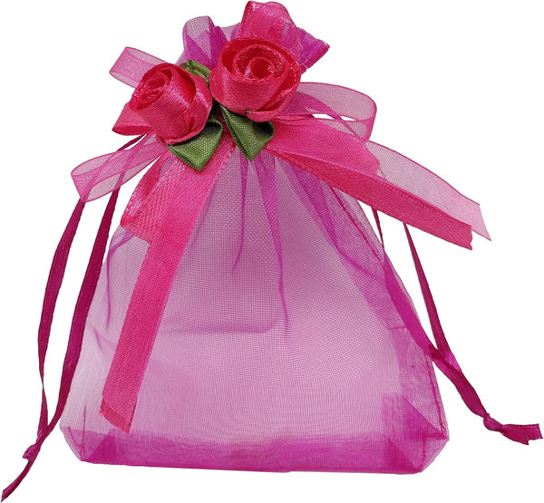 50pcs Sheer Organza Favor Bags for Wedding, 3.8x4.8'' Gift Bags with Drawstring, Hot Pink
