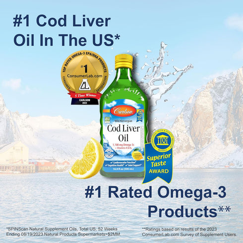Carlson Cod Liver Oil, 1100 mg Omega-3s, Wild Caught Norwegian Arctic Cod Liver Oil, 500 mL