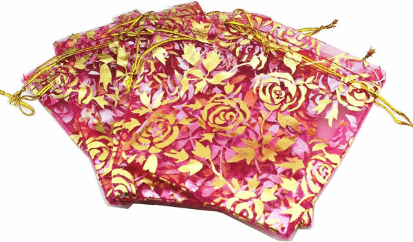 100 Pack Organza Drawstring Flower Heart Bags 7 x 9 Inch, Jewelry Gift Pouch, Wedding Favor Bags (Fuchsia Flower)