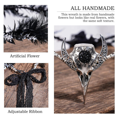MOSTORY Handmade Black Raven Feather Crown, Gothic Elf Circlet with Raven Skull Tiara for Halloween Cosplay