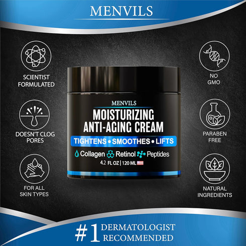 Mens Face Moisturizer Cream - Anti Aging & Wrinkle for Men with Collagen, Retinol, Peptides, Jojoba Oil (4.2 OZ)