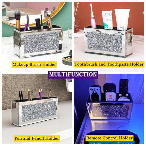 SHYFOY Mirrored Makeup Brush Holder Organizer, 3 Slot Glass Cosmetics Brushes Storage Holders with Crystal Crushed