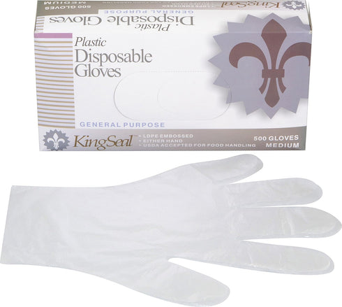 KingSeal Light Duty Poly Disposable Gloves, Powder-Free, Latex-Free, Size Medium - 1 Box of 500