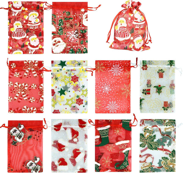 50PCS Christmas Organza Bags, Gift Jewelry Candy Bags for Wedding Party, 10 Patterns, 4x6 Inch