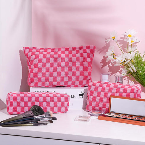 Large Capacity Pink Checkered Makeup Bag Set, 3 Pieces Canvas Travel Organizer for Women